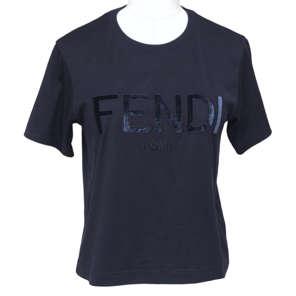 FENDI Top T-Shirt Logo Cropped Navy Blue Velvet Crew Neck Short Sleeve Sz XS